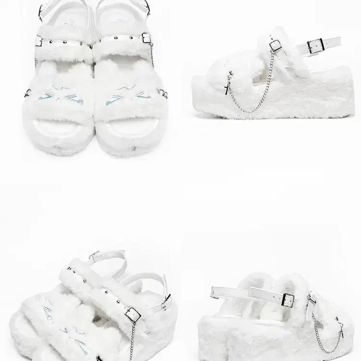 [BUNJANG] Cat Face Platform Slippers / 전학생 우는 고양이 얼굴 털 통굽 슬리퍼