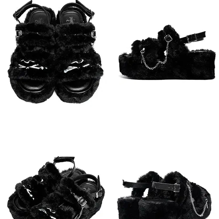 [BUNJANG] Cat Face Platform Slippers / 전학생 우는 고양이 얼굴 털 통굽 슬리퍼