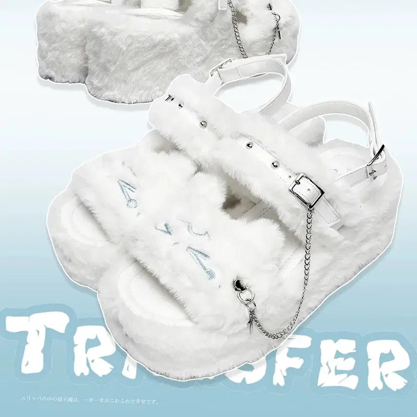 [BUNJANG] Cat Face Platform Slippers / 전학생 우는 고양이 얼굴 털 통굽 슬리퍼