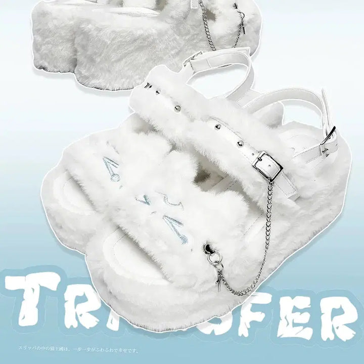[BUNJANG] Cat Face Platform Slippers / 전학생 우는 고양이 얼굴 털 통굽 슬리퍼