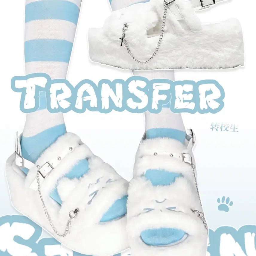 [BUNJANG] Cat Face Platform Slippers / 전학생 우는 고양이 얼굴 털 통굽 슬리퍼