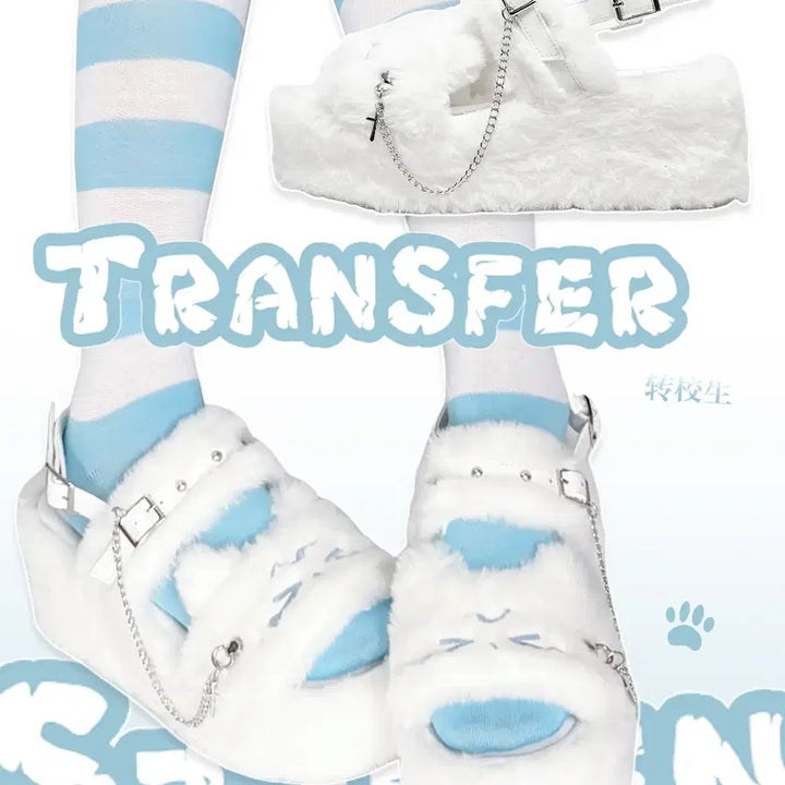 [BUNJANG] Cat Face Platform Slippers / 전학생 우는 고양이 얼굴 털 통굽 슬리퍼
