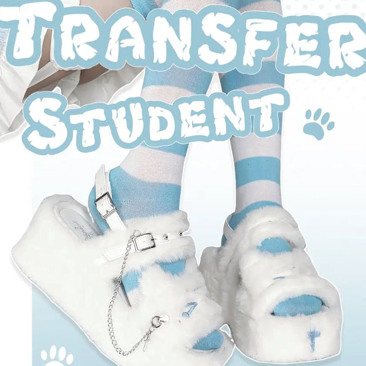 [BUNJANG] Cat Face Platform Slippers / 전학생 우는 고양이 얼굴 털 통굽 슬리퍼