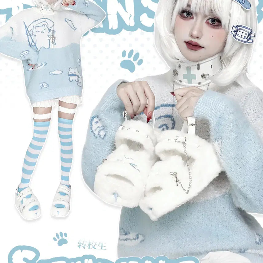 [BUNJANG] Cat Face Platform Slippers / 전학생 우는 고양이 얼굴 털 통굽 슬리퍼