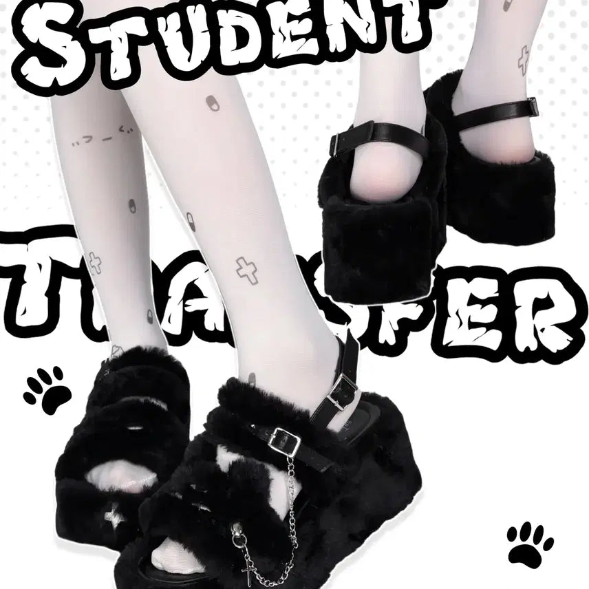 [BUNJANG] Cat Face Platform Slippers / 전학생 우는 고양이 얼굴 털 통굽 슬리퍼