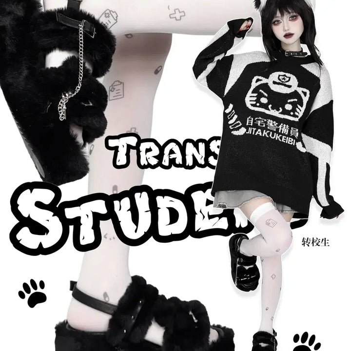 [BUNJANG] Cat Face Platform Slippers / 전학생 우는 고양이 얼굴 털 통굽 슬리퍼