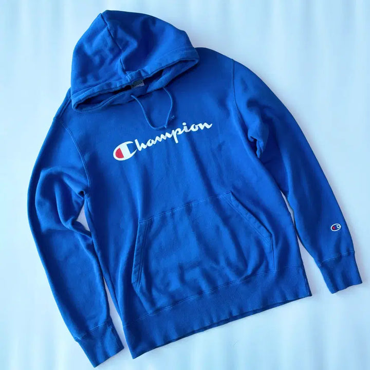[BUNJANG] Champion Blue Script Logo Hoodie / 챔피온 블루 스크립트 로고 후드 티셔츠