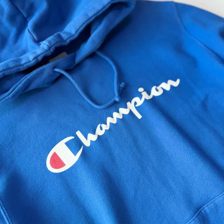 [BUNJANG] Champion Blue Script Logo Hoodie / 챔피온 블루 스크립트 로고 후드 티셔츠