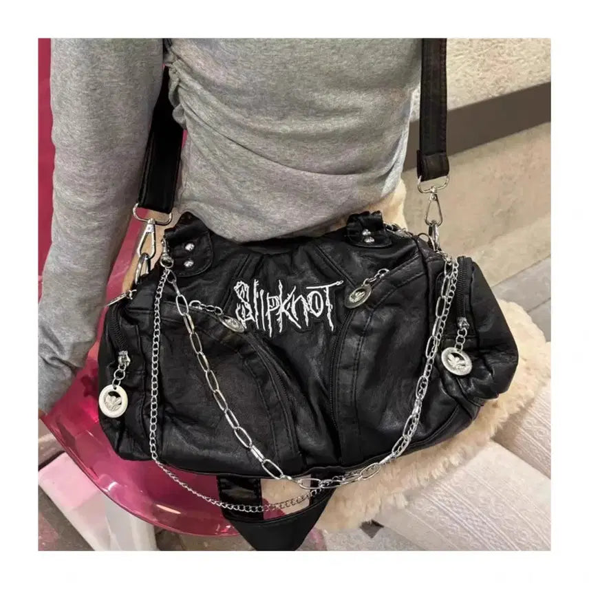 [BUNJANG] Gothic Punk Leather Shoulder Bag / 고딕 펑크 레더 백 자수 체인 장식 블랙 숄더백