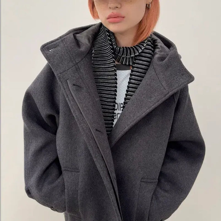[BUNJANG] Type Service Charcoal Half Hooded Coat / 타입서비스 후드 하프 코트 차콜