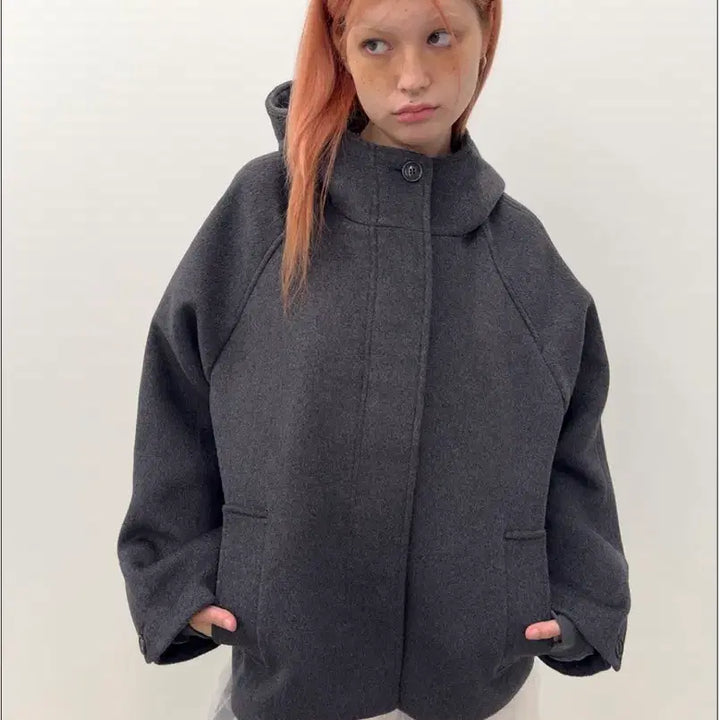 [BUNJANG] Type Service Charcoal Half Hooded Coat / 타입서비스 후드 하프 코트 차콜