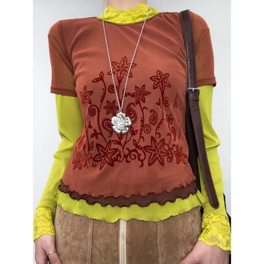[BUNJANG] Vintage PARIENNE Oriental Semi-Sheer Blouse / 일본빈티지 브릭 오리엔탈 반팔 시스루 블라우스