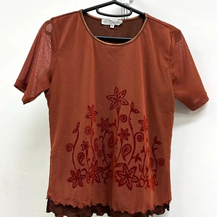 [BUNJANG] Vintage PARIENNE Oriental Semi-Sheer Blouse / 일본빈티지 브릭 오리엔탈 반팔 시스루 블라우스