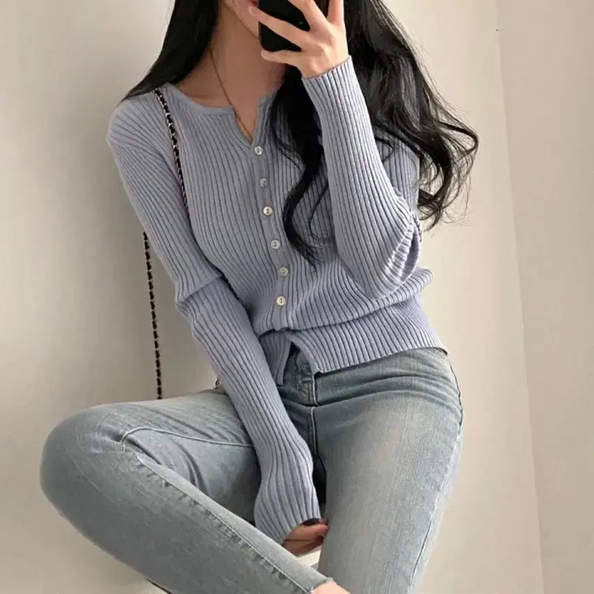 [BUNJANG] Knit Cardigan - Sky Blue / 니트 가디건 소라색