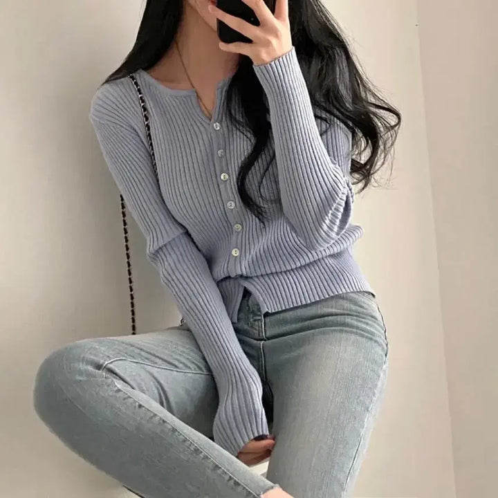 [BUNJANG] Knit Cardigan - Sky Blue / 니트 가디건 소라색