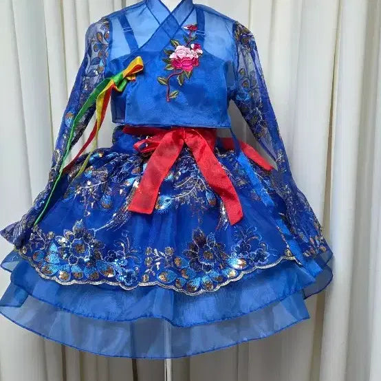 [BUNJANG] Fusion Hanbok - Blue Floral Embroidered Performance Costume / 고고장구 난타북 퓨젼한복 새상품