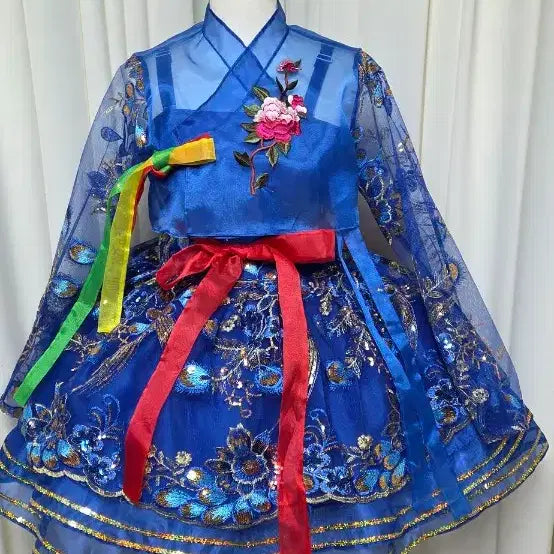[BUNJANG] Fusion Hanbok - Blue Floral Embroidered Performance Costume / 고고장구 난타북 퓨젼한복 새상품