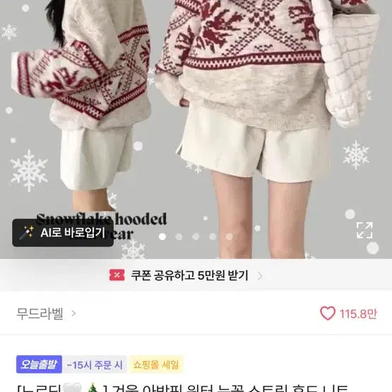 [BUNJANG] Snowflake Pattern Hooded Knit Winter Sweater / 눈꽃 패턴 후드 니트 겨울 아방핏