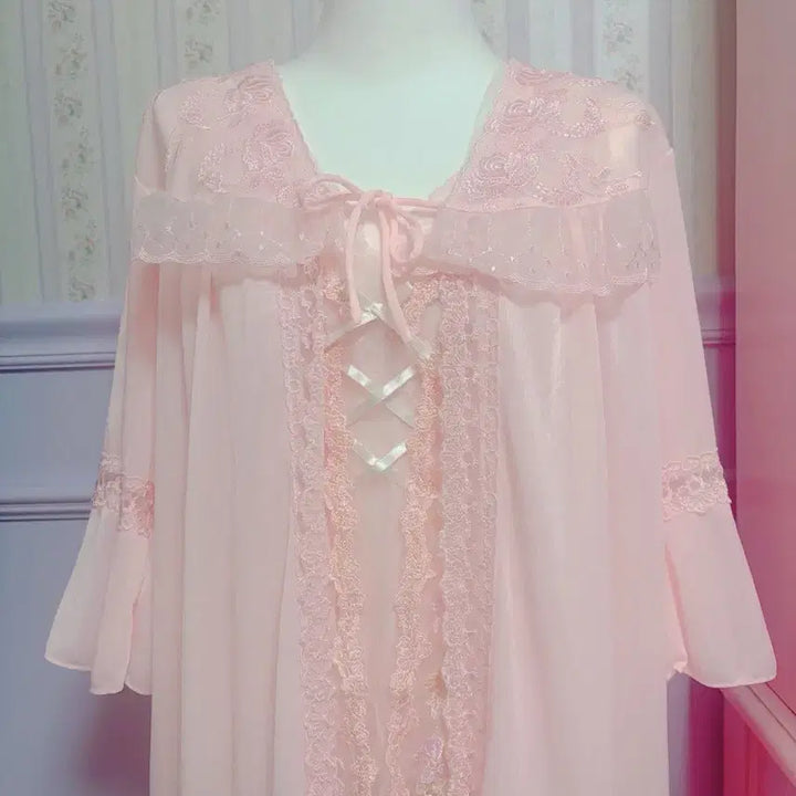 [BUNJANG] Pink Fairy Lace Long Nightgown Set / 핑크페어리 레이스 핑크 롱 나이트 가운 3세트 빈티지 페어리 엔느 몬니