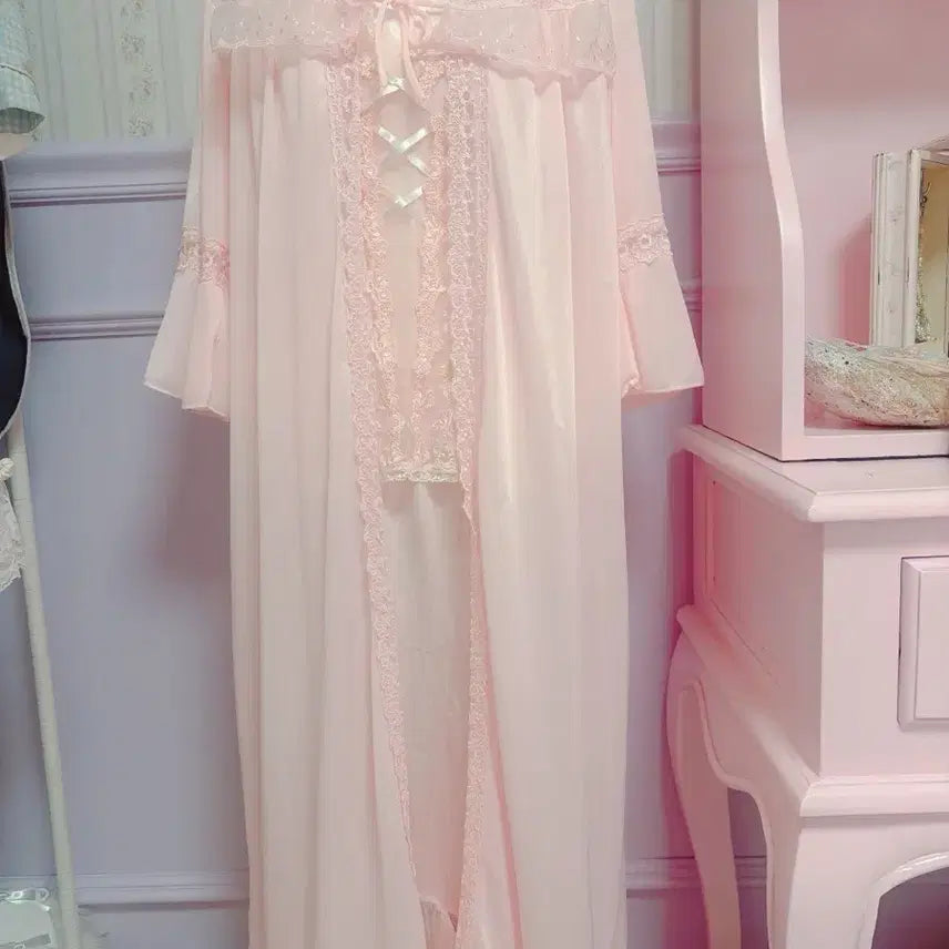 [BUNJANG] Pink Fairy Lace Long Nightgown Set / 핑크페어리 레이스 핑크 롱 나이트 가운 3세트 빈티지 페어리 엔느 몬니