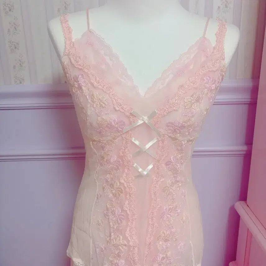 [BUNJANG] Pink Fairy Lace Long Nightgown Set / 핑크페어리 레이스 핑크 롱 나이트 가운 3세트 빈티지 페어리 엔느 몬니