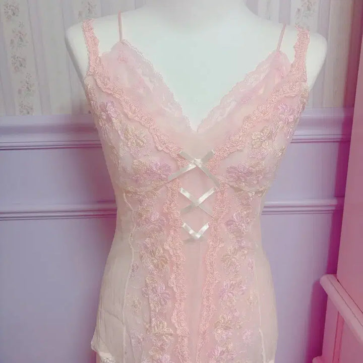 [BUNJANG] Pink Fairy Lace Long Nightgown Set / 핑크페어리 레이스 핑크 롱 나이트 가운 3세트 빈티지 페어리 엔느 몬니