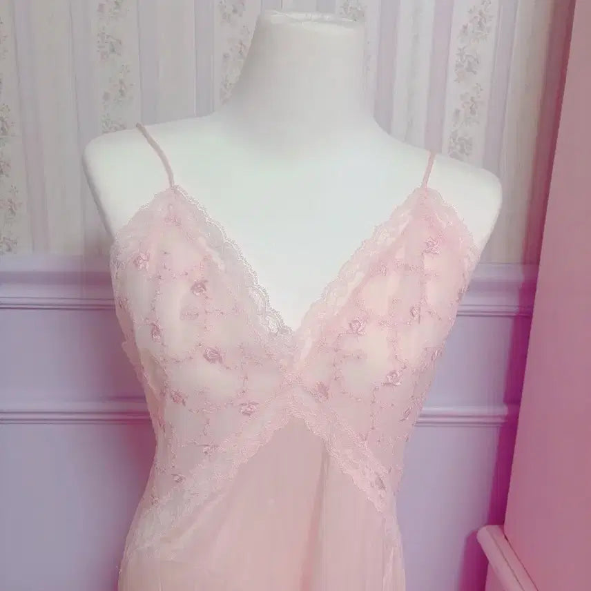 [BUNJANG] Pink Fairy Lace Long Nightgown Set / 핑크페어리 레이스 핑크 롱 나이트 가운 3세트 빈티지 페어리 엔느 몬니