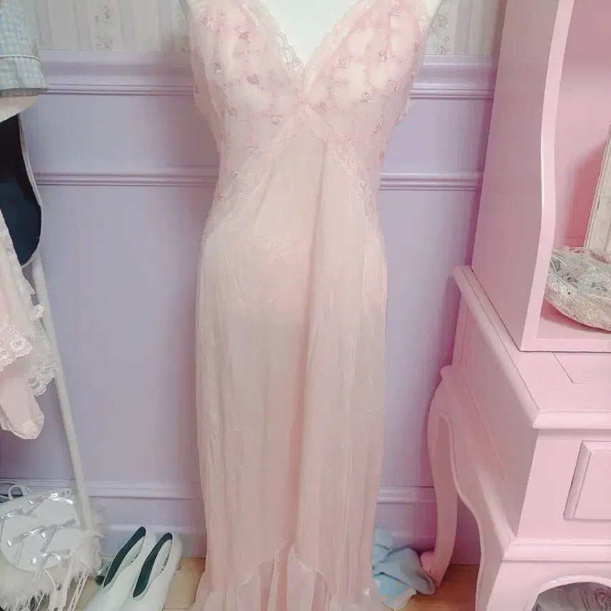 [BUNJANG] Pink Fairy Lace Long Nightgown Set / 핑크페어리 레이스 핑크 롱 나이트 가운 3세트 빈티지 페어리 엔느 몬니
