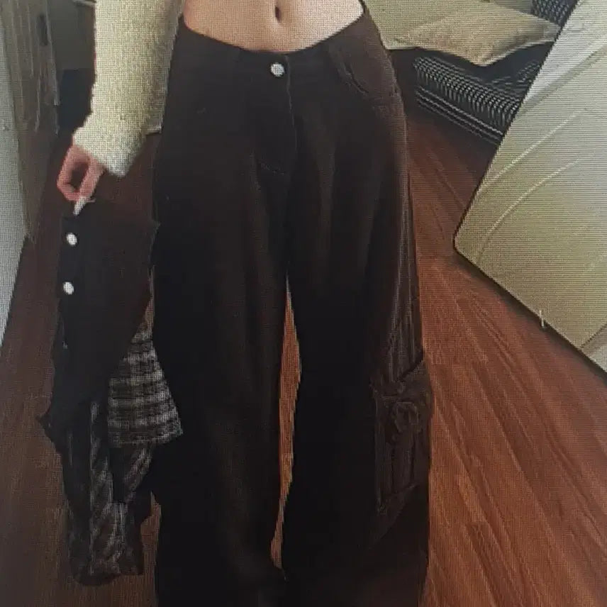 [BUNJANG] Brown Check Flap Cargo Wide Denim Pants / 브라운 체크 플랩 카고 와이드 데님팬츠