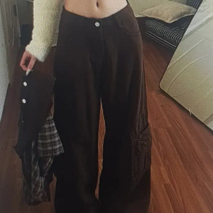 [BUNJANG] Brown Check Flap Cargo Wide Denim Pants / 브라운 체크 플랩 카고 와이드 데님팬츠
