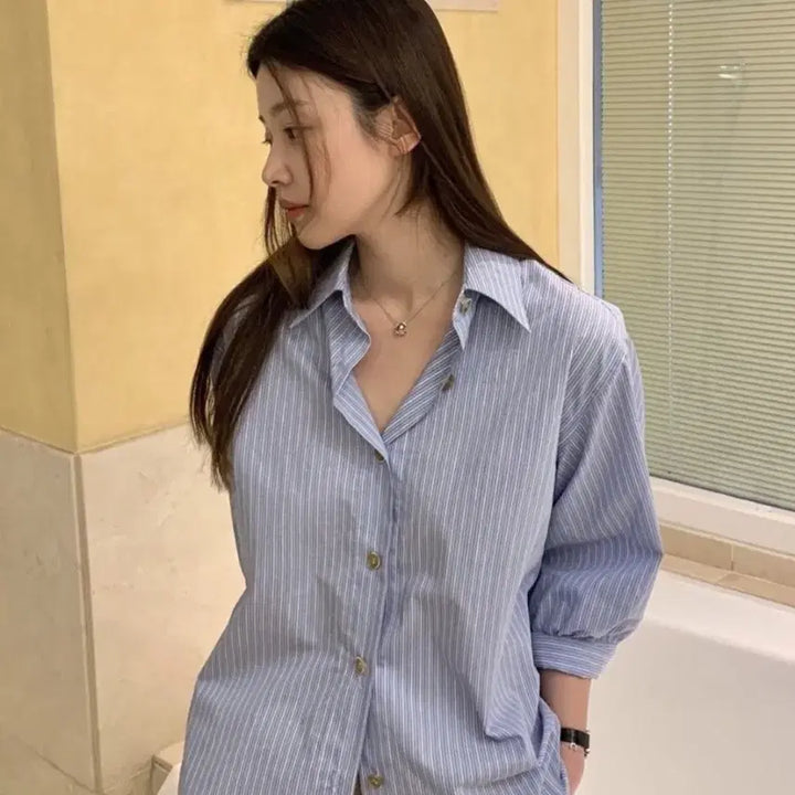 [BUNJANG] Magnet Stripe 7-part Shirt / 마그넷 스트라이프 7 부 셔츠