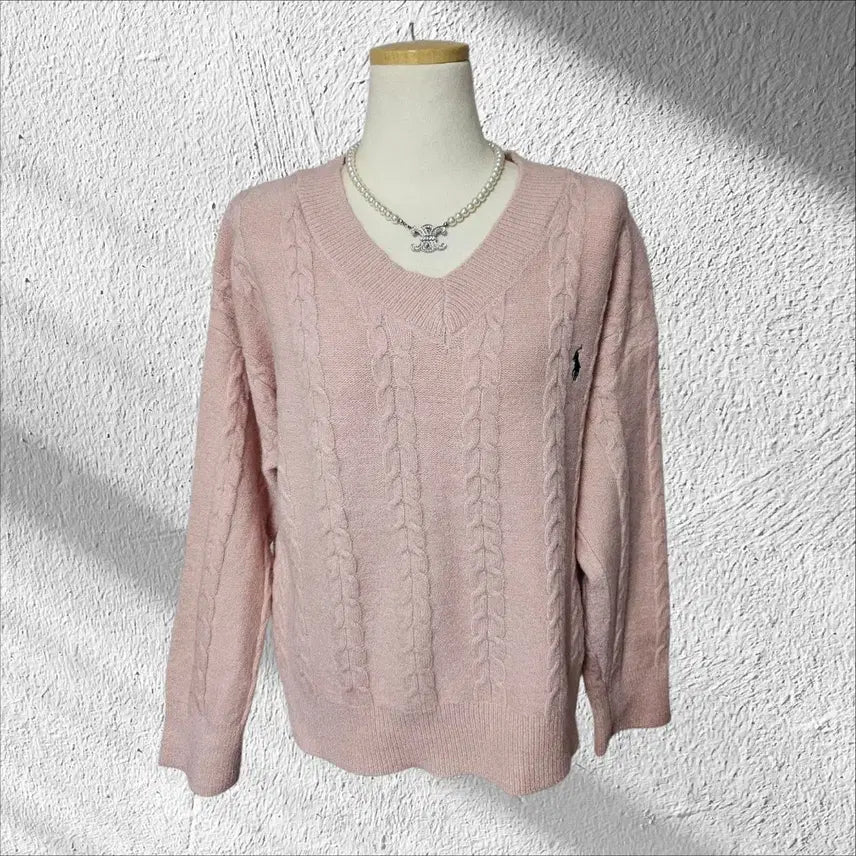 [BUNJANG] Polo Pink V-Neck Cable Knit Sweater / (새제품) 폴로 자수 핑크 V넥 케이블 니트