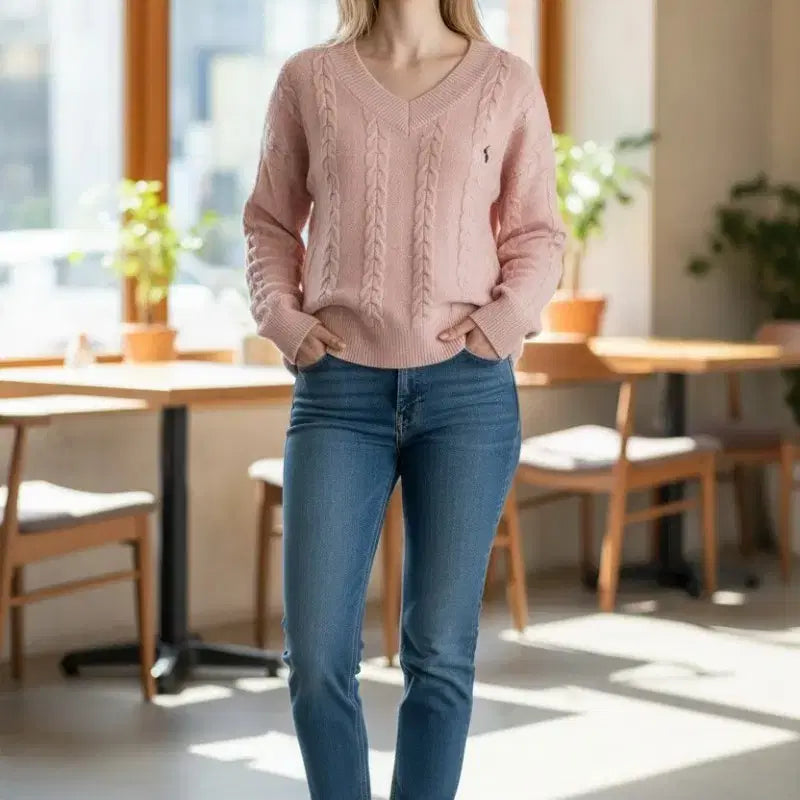 [BUNJANG] Polo Pink V-Neck Cable Knit Sweater / (새제품) 폴로 자수 핑크 V넥 케이블 니트