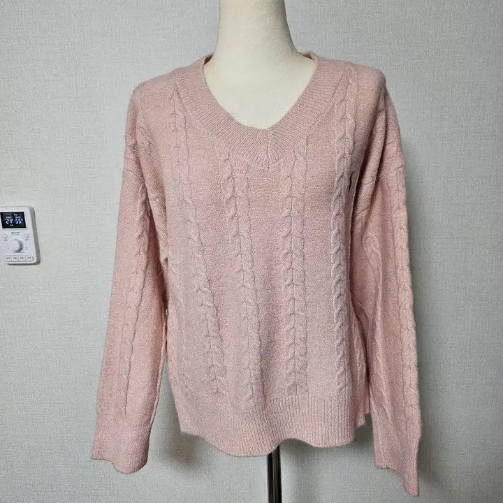 [BUNJANG] Polo Pink V-Neck Cable Knit Sweater / (새제품) 폴로 자수 핑크 V넥 케이블 니트