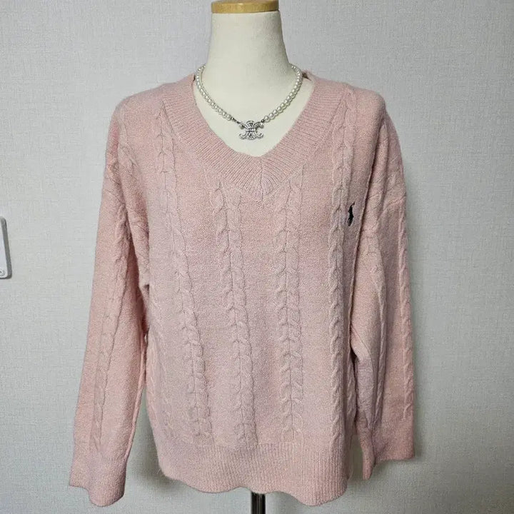 [BUNJANG] Polo Pink V-Neck Cable Knit Sweater / (새제품) 폴로 자수 핑크 V넥 케이블 니트