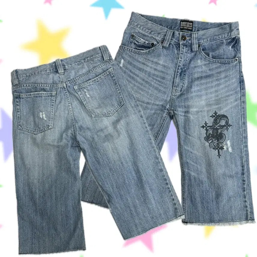 [BUNJANG] Y2K Tattoo Print Denim Shorts / 일본빈티지 Y2K 타투 펑크 프린팅 5부 데님 보헤미안 연청 반바지