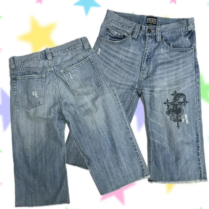 [BUNJANG] Y2K Tattoo Print Denim Shorts / 일본빈티지 Y2K 타투 펑크 프린팅 5부 데님 보헤미안 연청 반바지