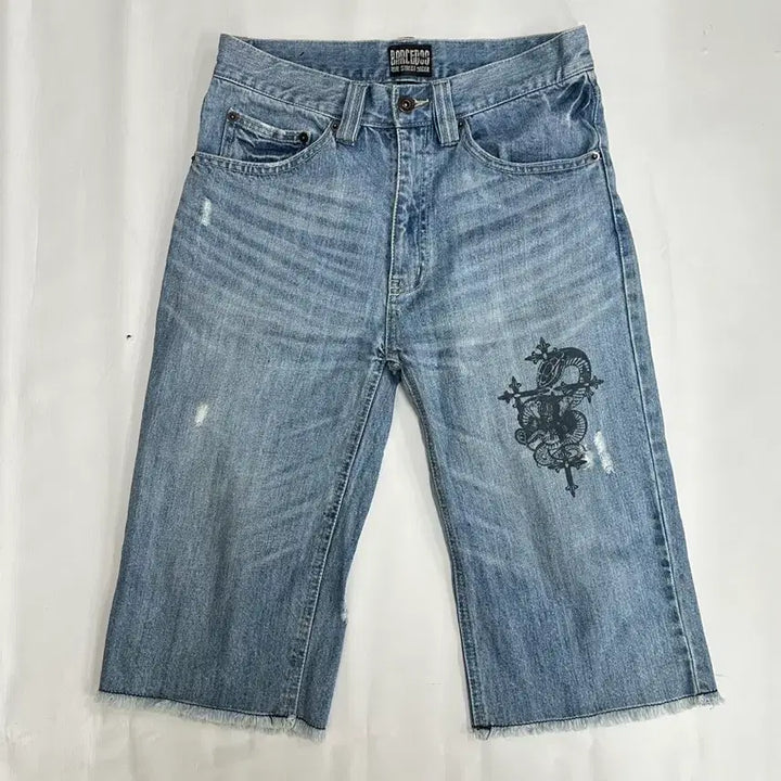 [BUNJANG] Y2K Tattoo Print Denim Shorts / 일본빈티지 Y2K 타투 펑크 프린팅 5부 데님 보헤미안 연청 반바지