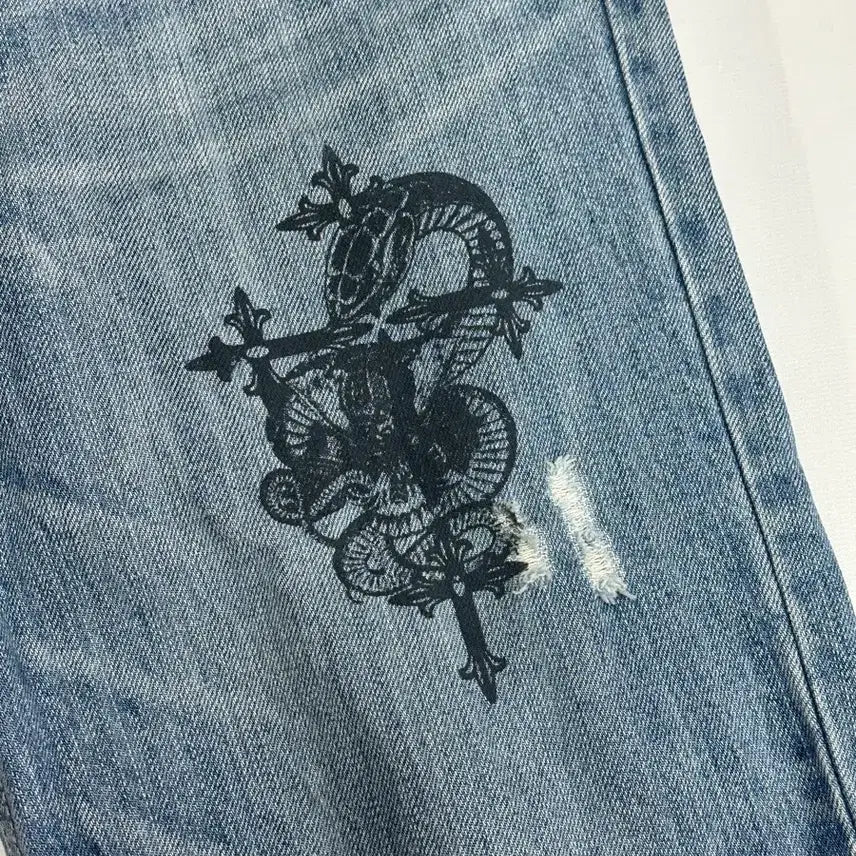 [BUNJANG] Y2K Tattoo Print Denim Shorts / 일본빈티지 Y2K 타투 펑크 프린팅 5부 데님 보헤미안 연청 반바지