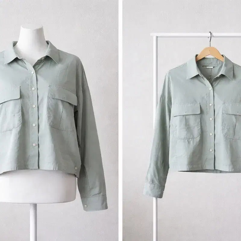 [BUNJANG] Mint Green Crop Pocket Shirt Jacket / 숏 크롭 포켓 셔츠 민트색 55_66. 간절기자켓
