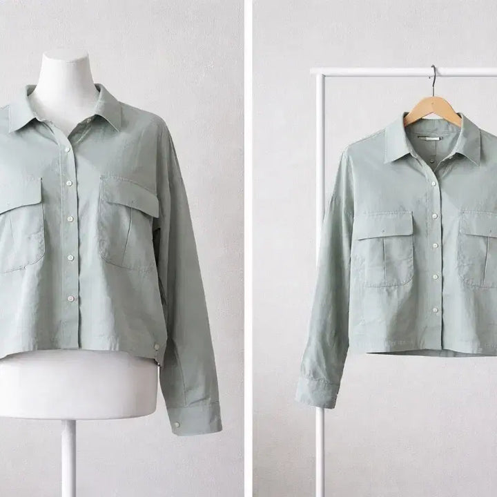 [BUNJANG] Mint Green Crop Pocket Shirt Jacket / 숏 크롭 포켓 셔츠 민트색 55_66. 간절기자켓