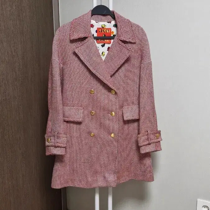 [BUNJANG] Lucky Chouette Red Check Double Tweed Coat / 럭키슈에뜨 (36) 로고버튼 레드 체크 더블 트위드코트
