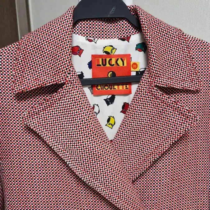 [BUNJANG] Lucky Chouette Red Check Double Tweed Coat / 럭키슈에뜨 (36) 로고버튼 레드 체크 더블 트위드코트