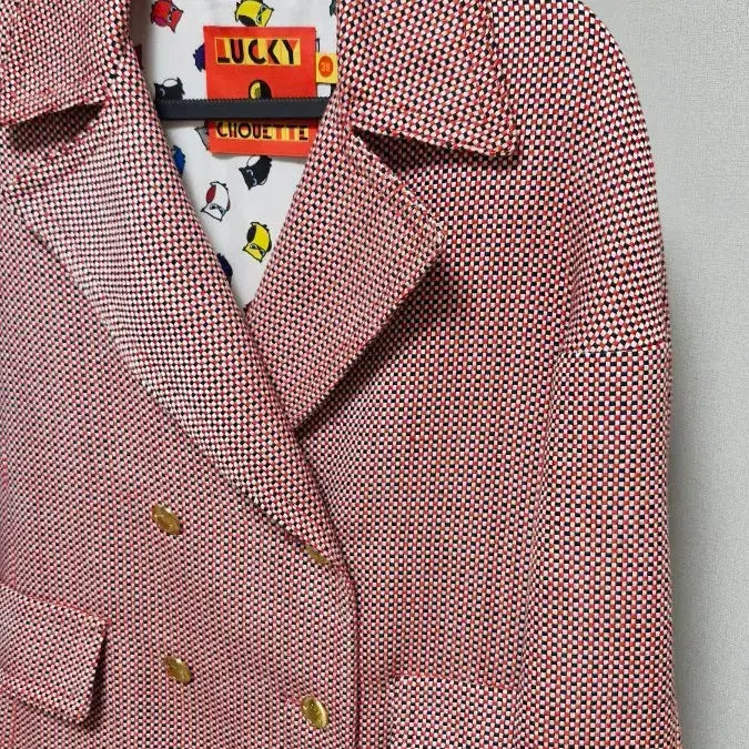 [BUNJANG] Lucky Chouette Red Check Double Tweed Coat / 럭키슈에뜨 (36) 로고버튼 레드 체크 더블 트위드코트