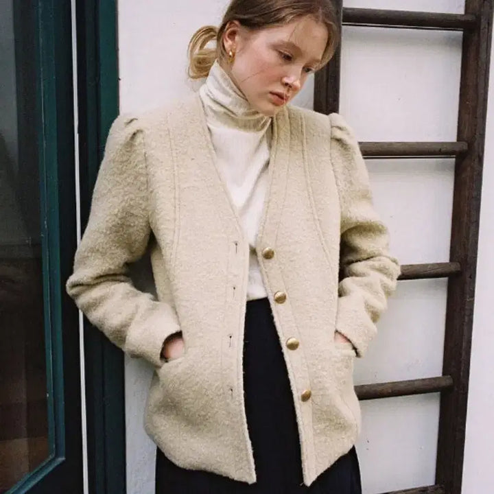 [BUNJANG] Fabric Color-G No-Collar Puff Sleeve Tweed Jacket / 패브릭컬러지 노카라 퍼프 슬리브 자켓 울 알파카 앙고라 부클 트위드베이지