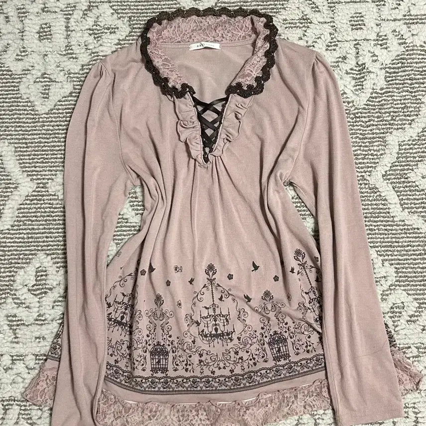 [BUNJANG] Axis Farm Choco Strawberry Lace Long Sleeve Blouse / 엑시즈팜 초코딸기 레이스 롱 슬리브 히메갸루 페어리 모리걸