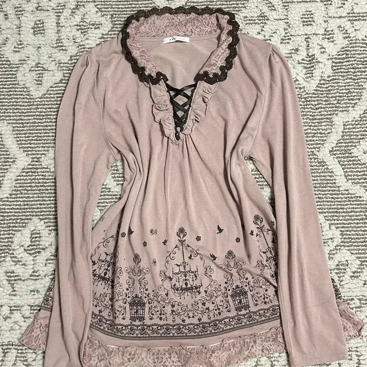 [BUNJANG] Axis Farm Choco Strawberry Lace Long Sleeve Blouse / 엑시즈팜 초코딸기 레이스 롱 슬리브 히메갸루 페어리 모리걸