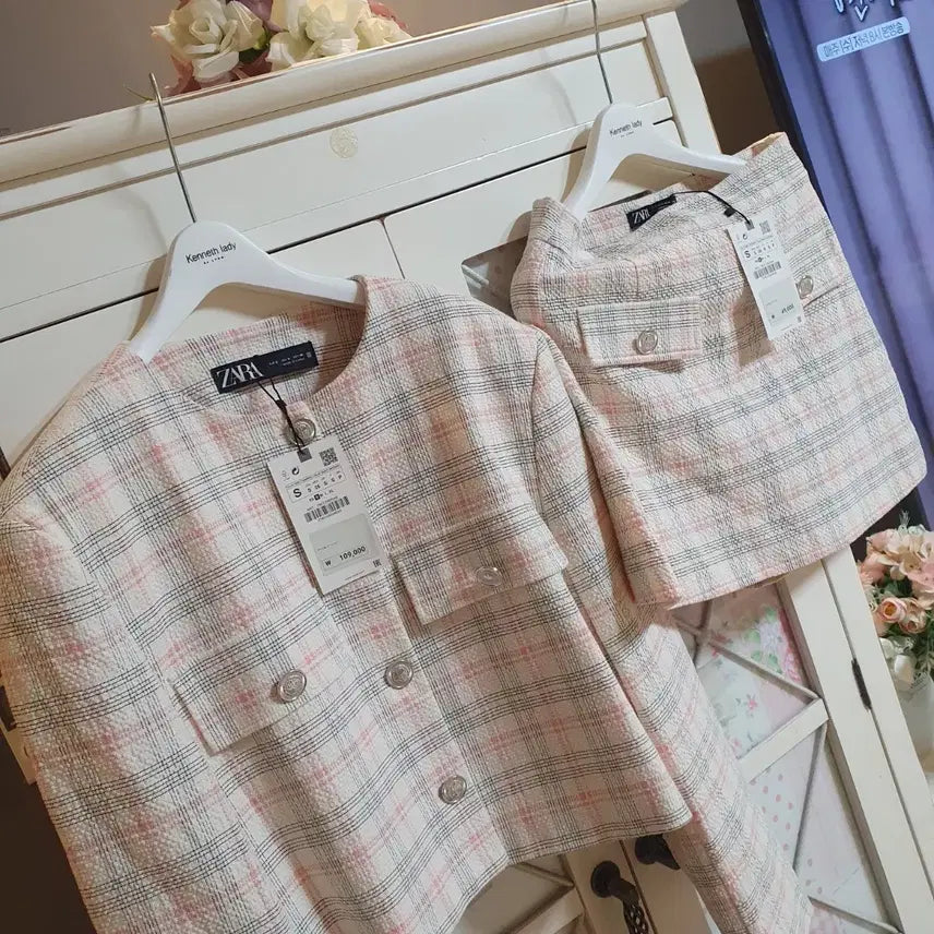 [BUNJANG] ZARA Pink Tweed Set Jacket and Skirt / 자라 핑크 트위드 셋업 (자켓+스커트)/55 새상품