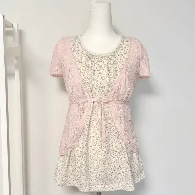 [BUNJANG] Vintage Pink Floral Lace Sleeveless Set / 일본빈티지 핑크 플라워 레이스 슬리브리스 세트