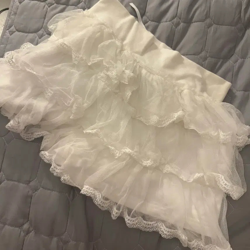 [BUNJANG] Dry Rose Tulle Skirt Pants - White / 실사o)드라이로즈 튜튜 스커트팬츠 화이트